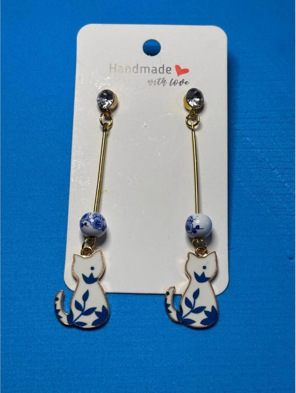 Handmade Blue and White Porcelain Style Cat Drop Earrings